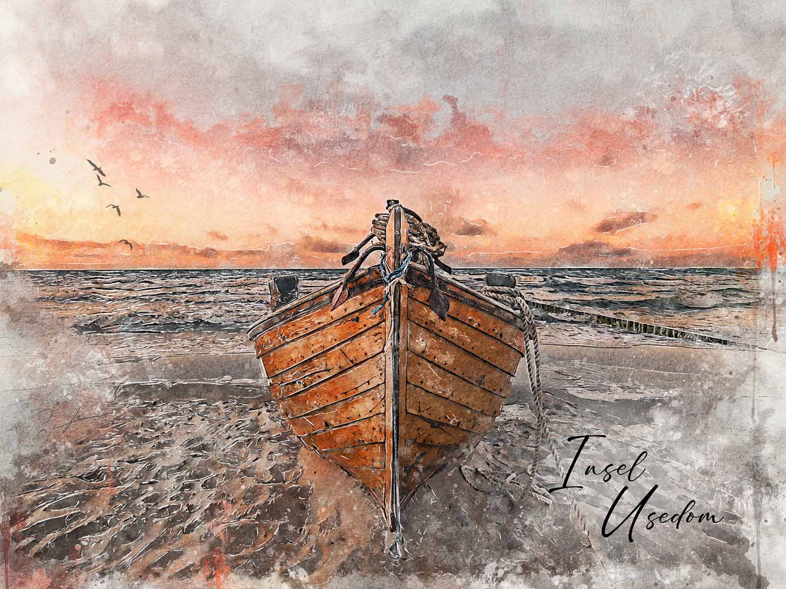 Maritimer Kunstdruck „Insel Usedom“ – Aquarell Fischerbootsbug Stubbenfelde