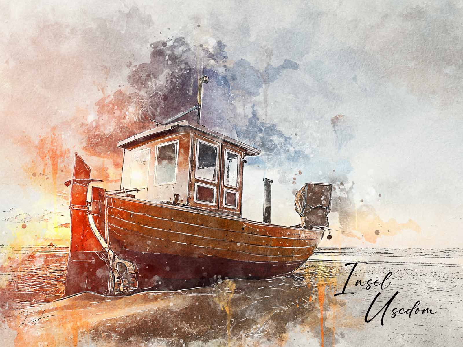 Maritimer Kunstdruck „Insel Usedom“ – Aquarell Fischerboot