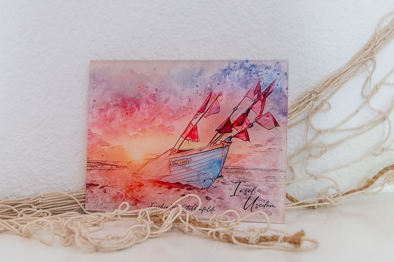 Maritimes Aquarellmotiv auf Acrylglas Fischerboot Stubbenfelde – Insel Usedom