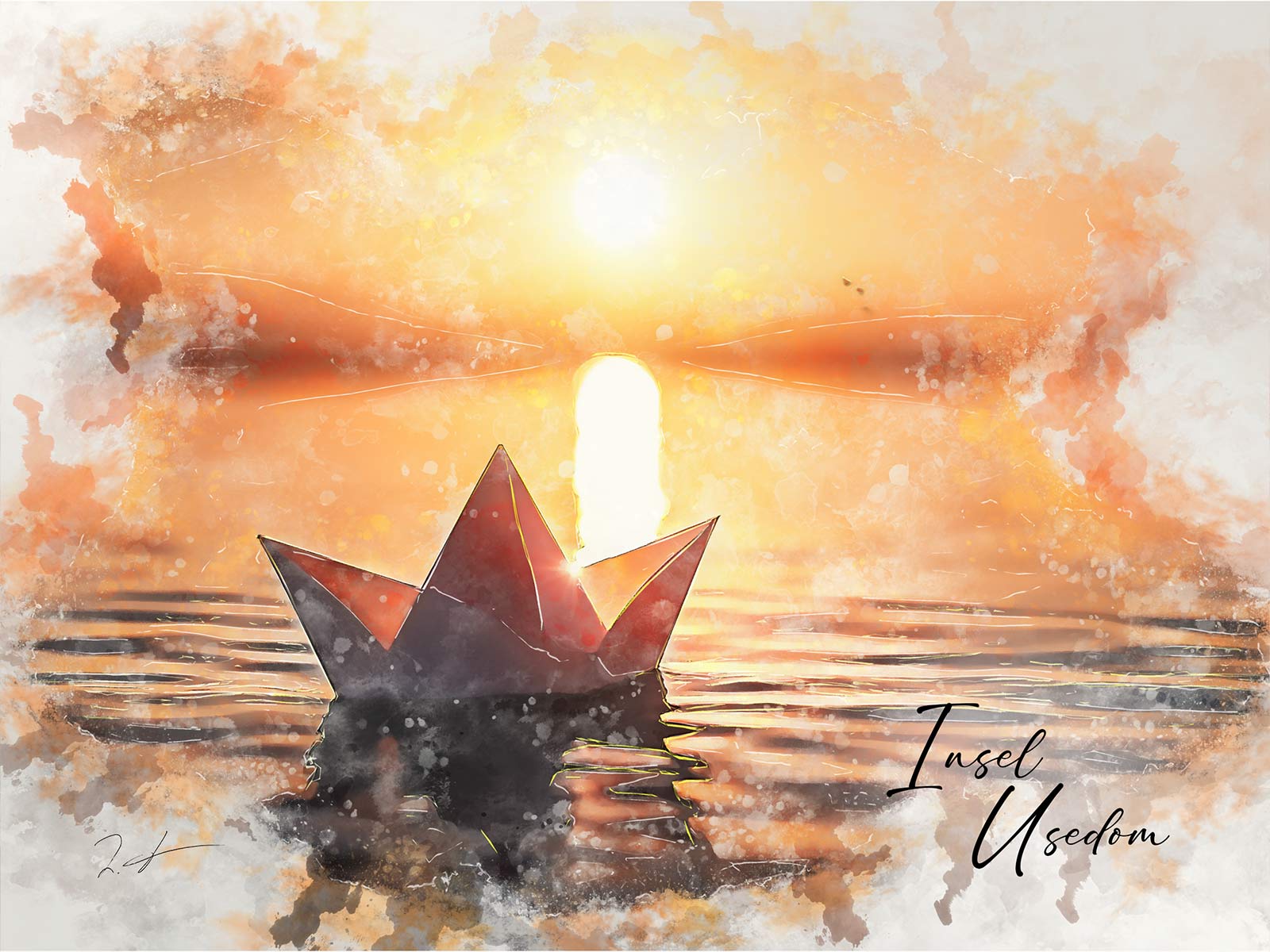 Maritimer Kunstdruck „Insel Usedom“ – Aquarell Papierschiffchen