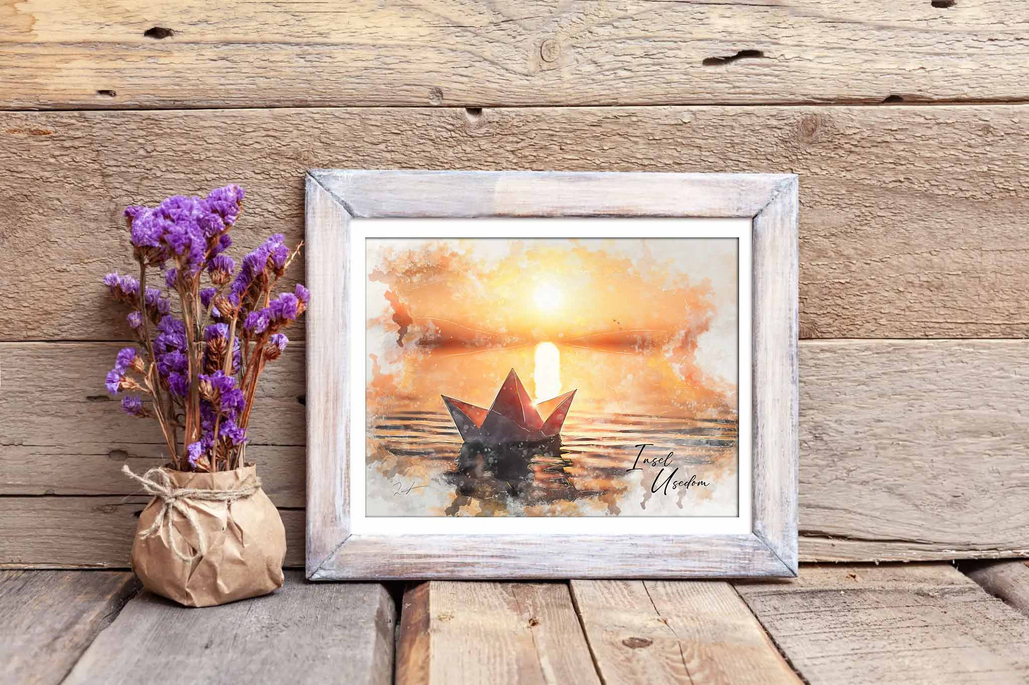 Maritimer Kunstdruck „Insel Usedom“ – Aquarell Papierschiffchen – Bild 2