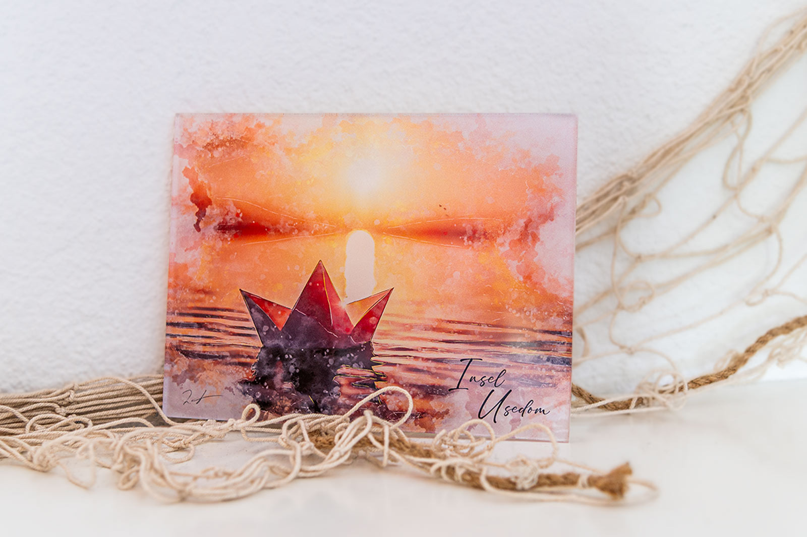 Maritimes Aquarellmotiv Papierschiffchen – Insel Usedom