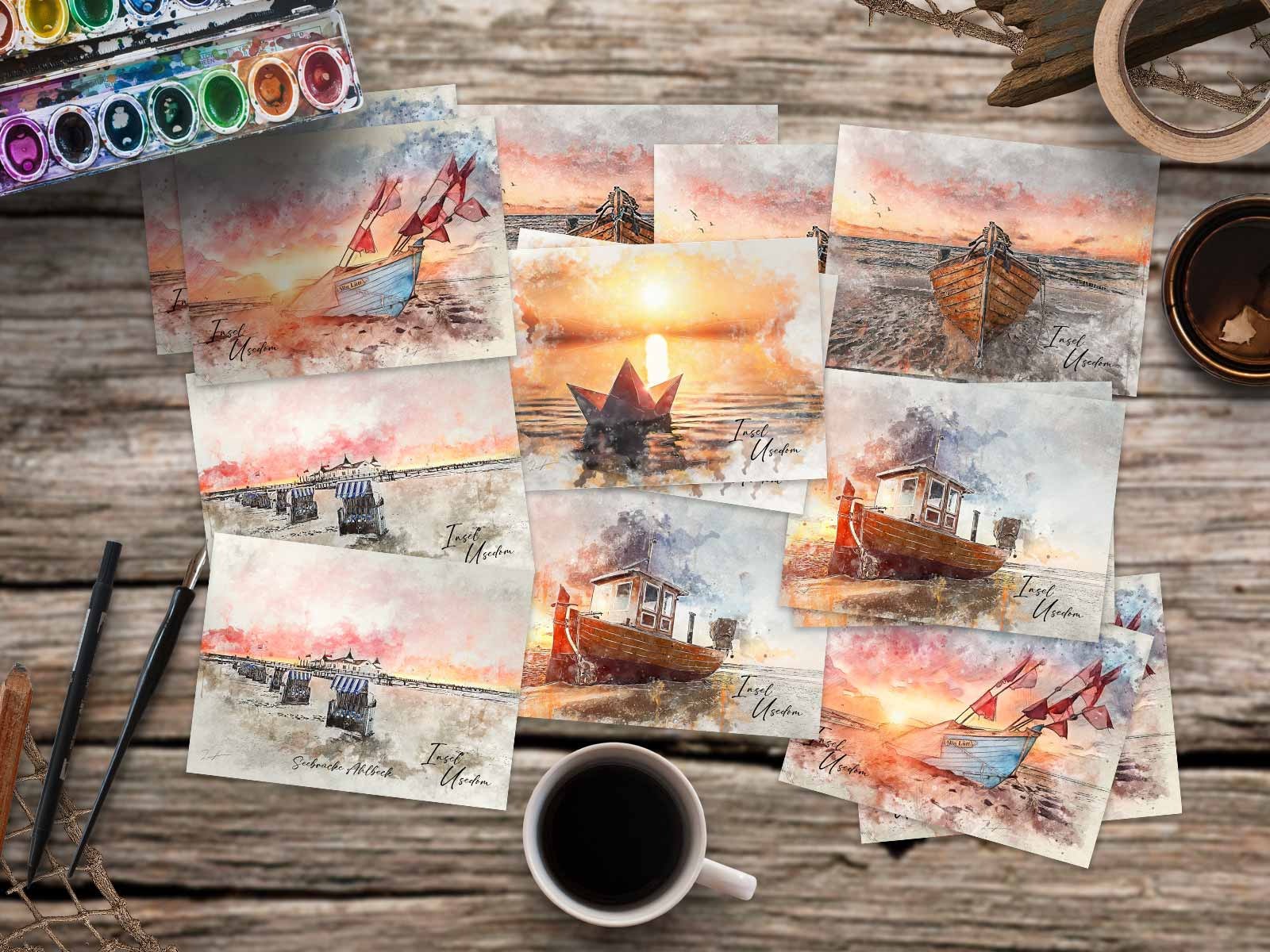 Maritimer Kunstdruck „Insel Usedom“ – Aquarell Papierschiffchen – Bild 3